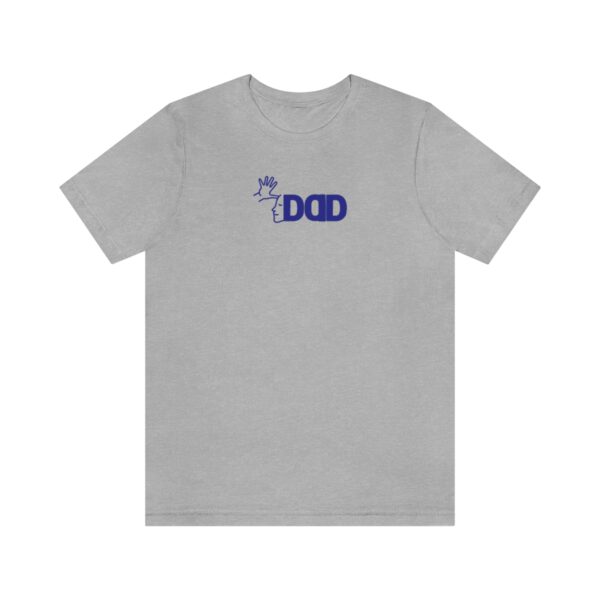 Gray t-shirt on white background with the English/ASL graphic "Dad" across the chest in Navy blue bold font.