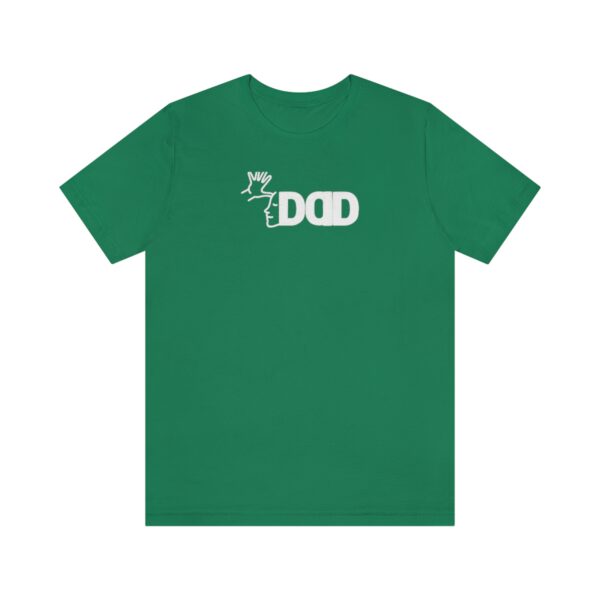 Kelly green t-shirt on white background with the English/ASL graphic "Dad" across the chest in white bold font.