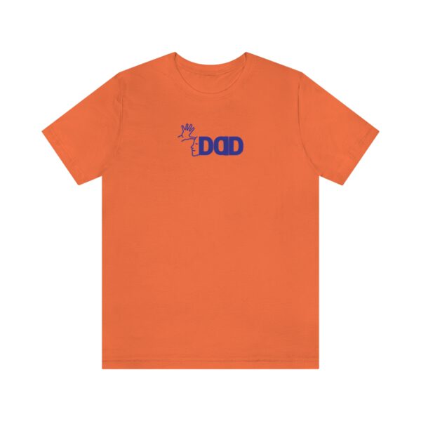 Orange t-shirt on white background with the English/ASL graphic "Dad" across the chest in Navy blue bold font.