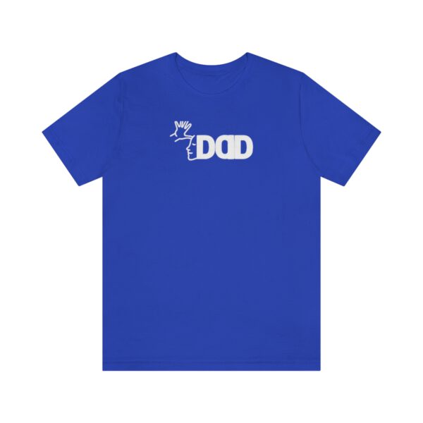 Royal blue t-shirt on white background with the English/ASL graphic "Dad" across the chest in white bold font.