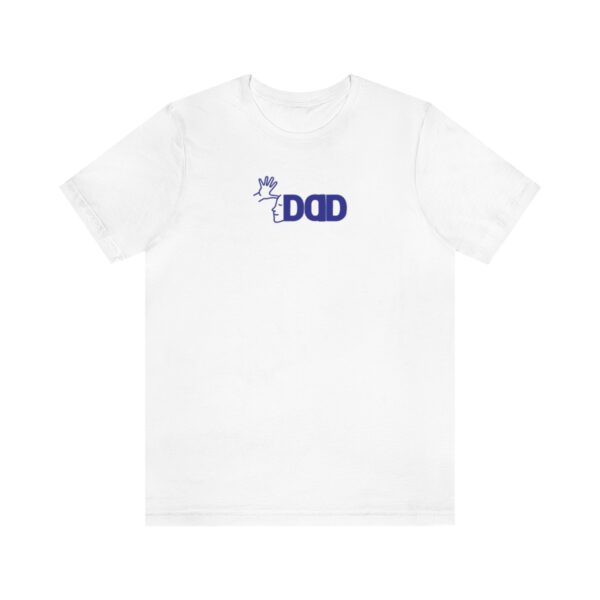 White t-shirt on white background with the English/ASL graphic "Dad" across the chest in Navy blue bold font.