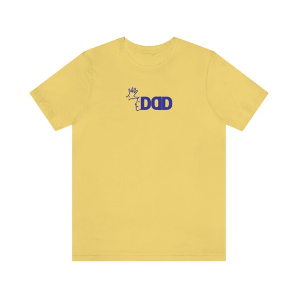 Yellow t-shirt on white background with the English/ASL graphic "Dad" across the chest in Navy blue bold font.