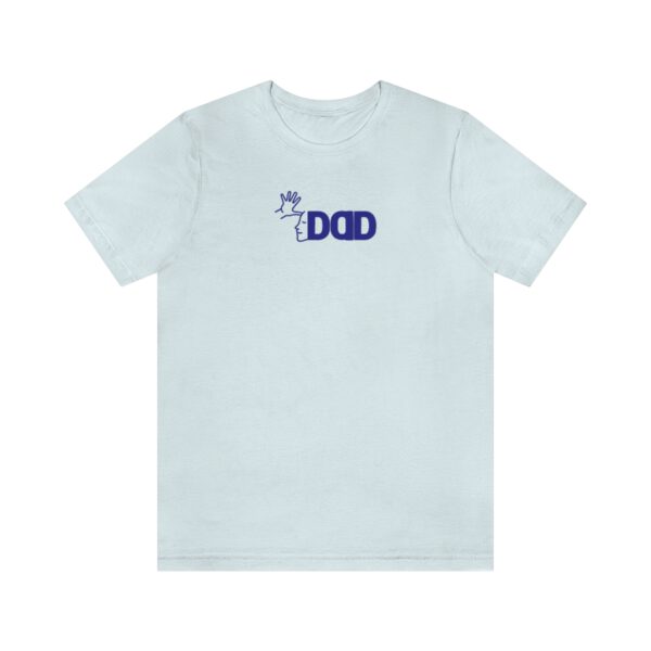 Pale blue t-shirt on white background with the English/ASL graphic "Dad" across the chest in Navy blue bold font.