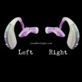 Two identical BTE hearing aids with gray body and purple molds set up in a mirror image. Set on black background, with white labels underneath: left and right.