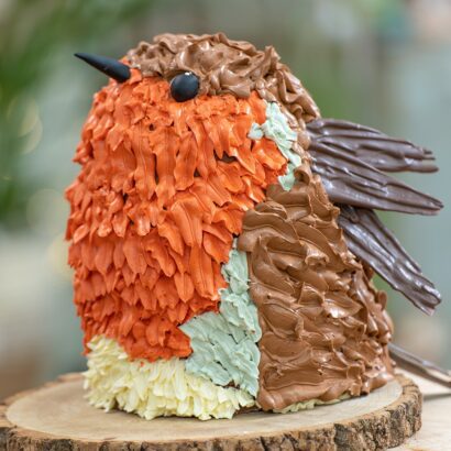 An orange, white, brown and tan buttercream colored cake in the shape of a robin.