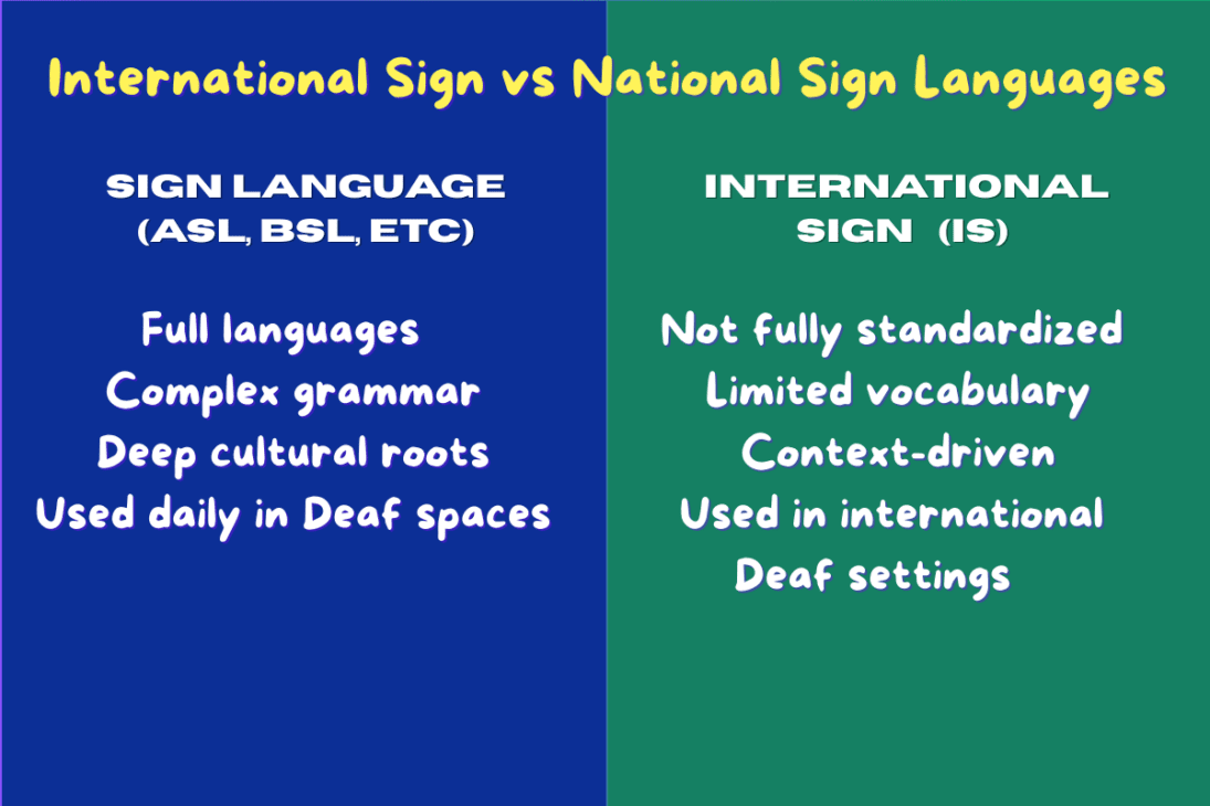 Infographic explaining the difference between International Sign and national sign languages for ASL learners, showing how International Sign is used in global Deaf settings while sign languages like ASL and BSL are full languages used daily in Deaf communities.