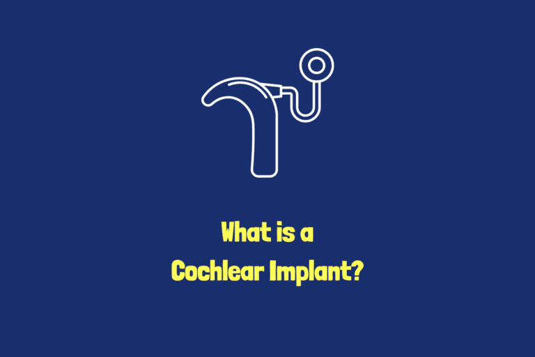Illustration of a cochlear implant with text reading, "What is a cochlear implant?"