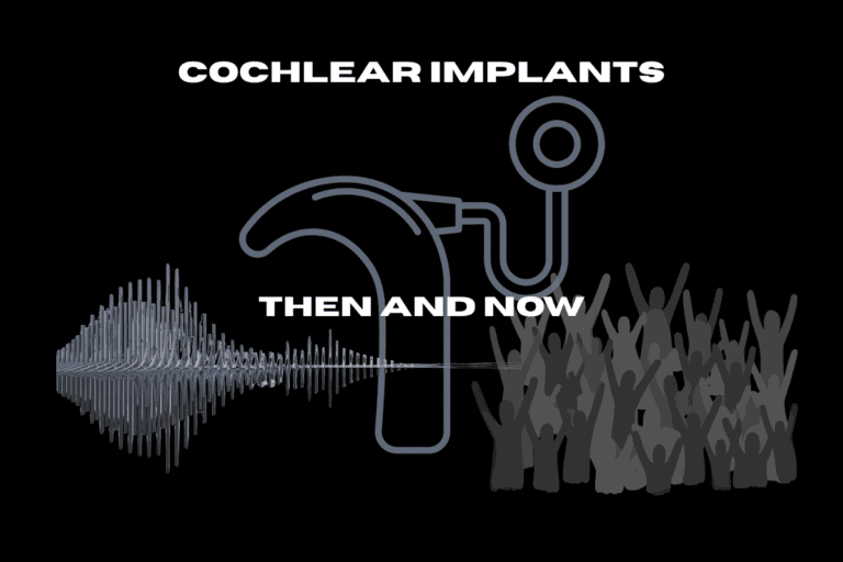 Cochlear implant illustration with sound wave on one side and Deaf community figures on the other, representing perspectives on cochlear implants