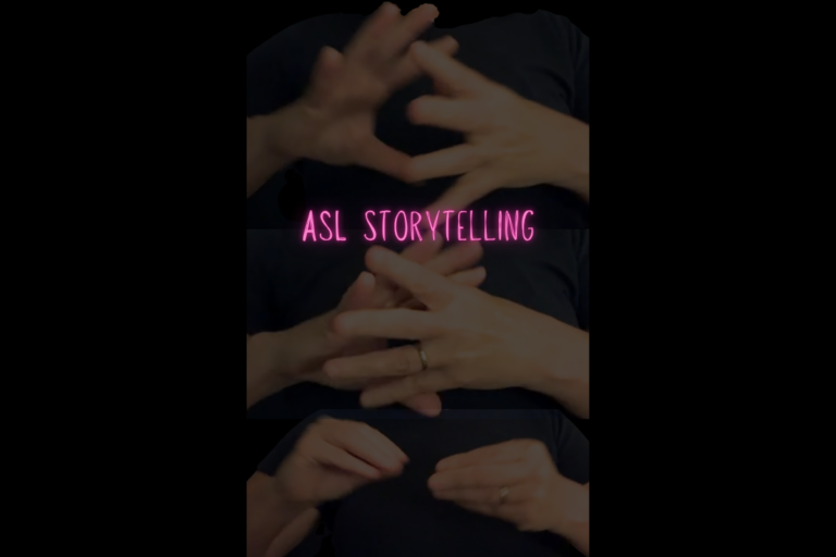 Hands signing "STORY" in ASL against a black background
