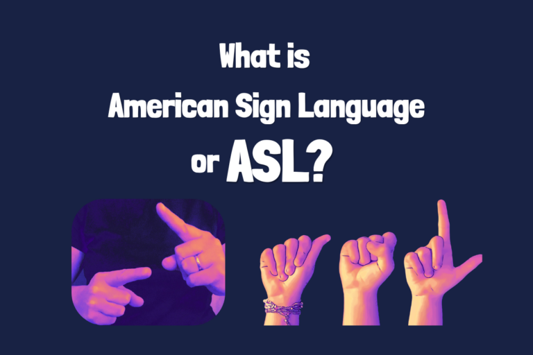 What is American Sign Language (ASL) white graphic with glowing hands underneath signing the ASL sign "sign" and then forming ASL letters A, S and L on a dark blue background