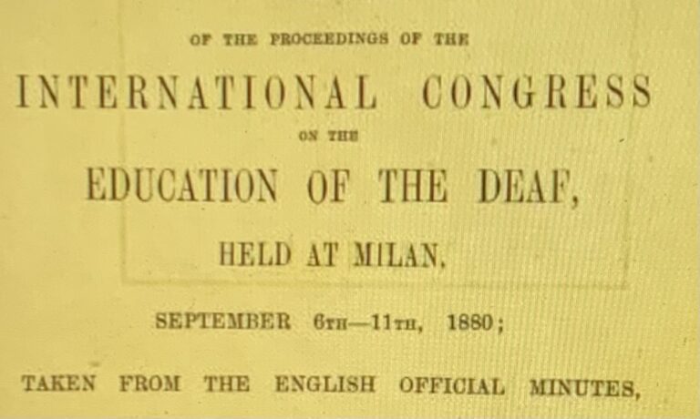 Cover of the official proceedings of the International Congress on the Education of the Deaf held in Milan in 1880.