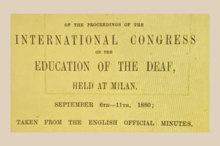 Cover of the proceedings of the International Congress on the Education of the Deaf, Milan, 1880.