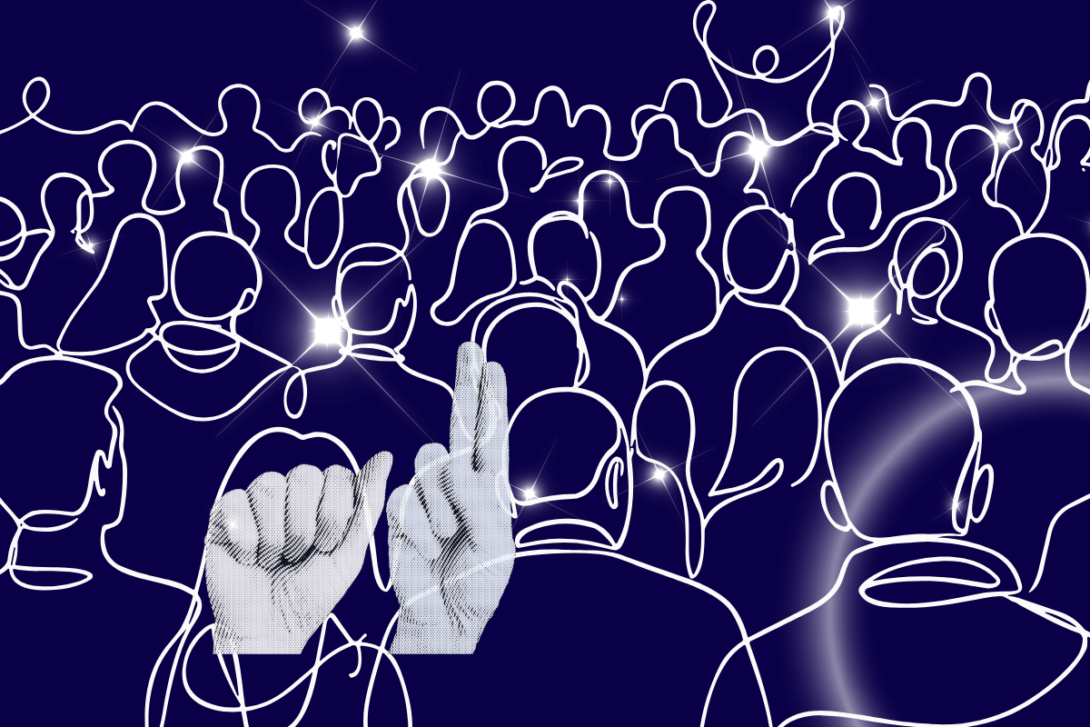 Illustration of a crowd of people with the ASL handshapes for "AU" representing autism in the foreground, symbolizing Deaf perspective and autistic voices.